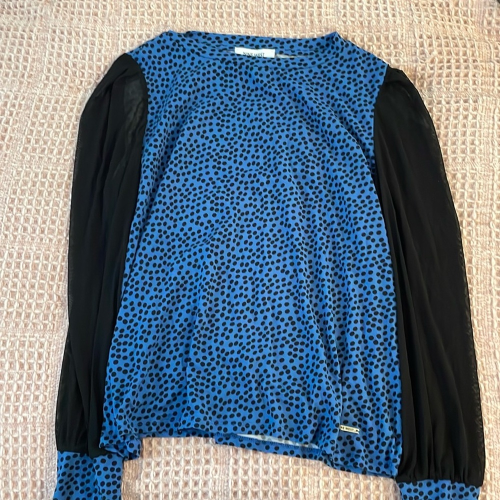 Blue with black polka dots, Shirt with black sheer sleeves.